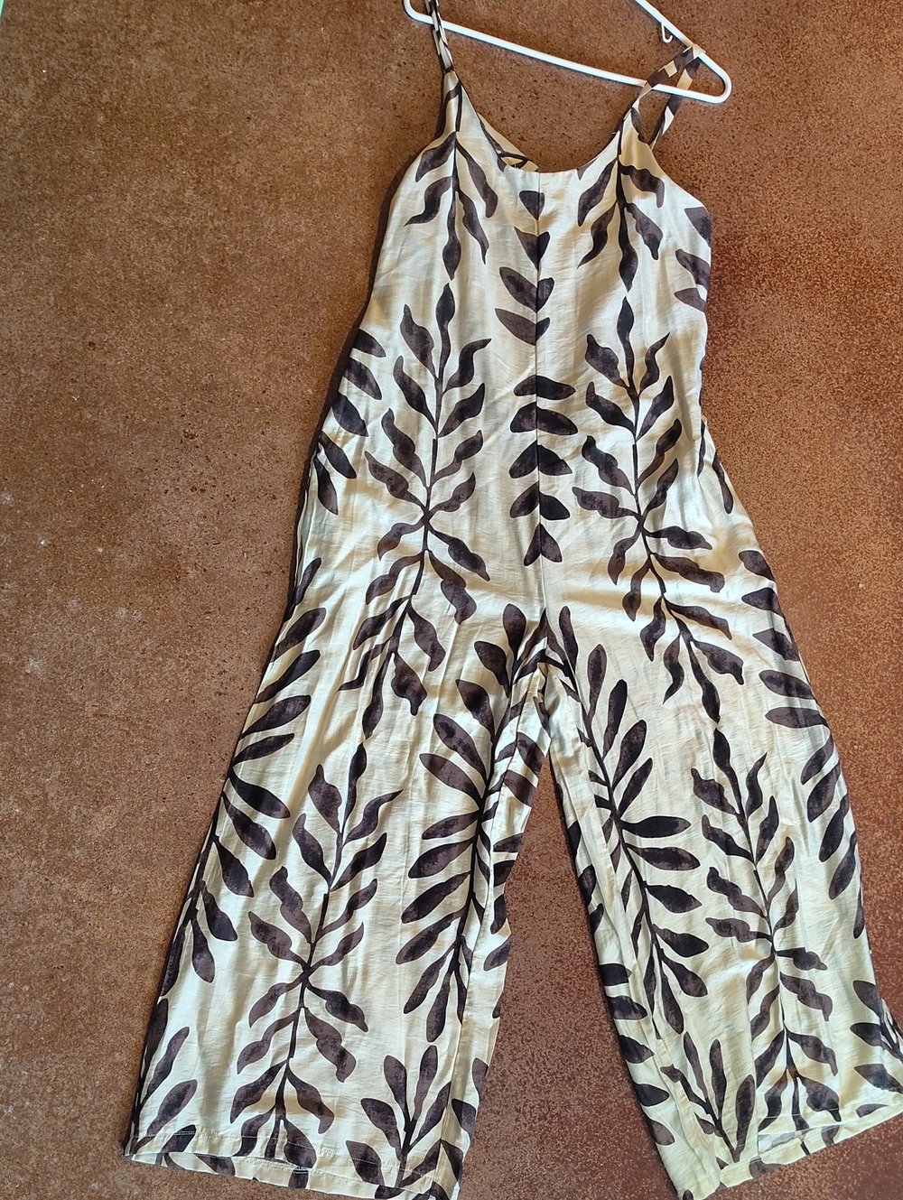 Cream Leaf-Print Wide-Leg Jumpsuit with Adjustable Straps